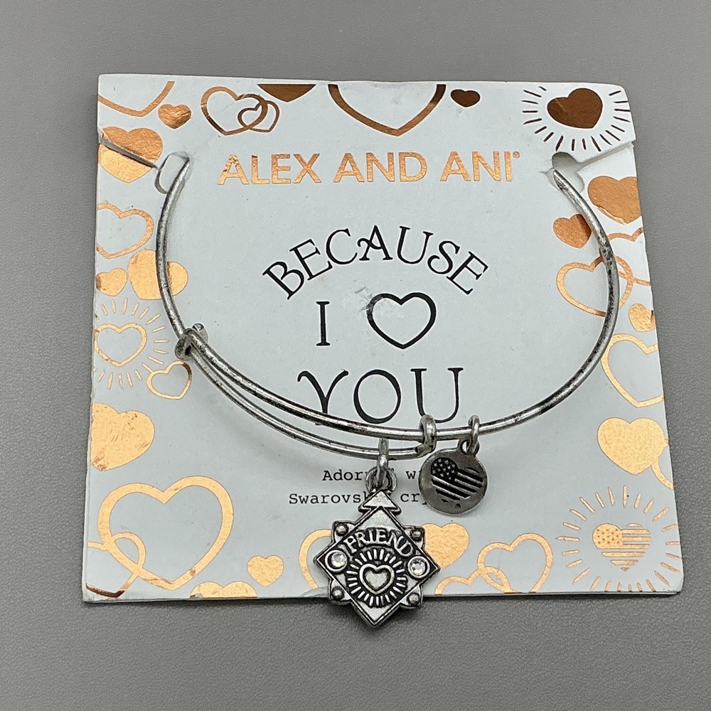 Alex And Ani Bracelet Silver Tone Friend Heart Charm Bangle Swarovski Crystal